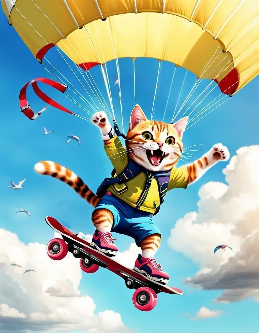 Cat on Rollerblades Sails with Parachute