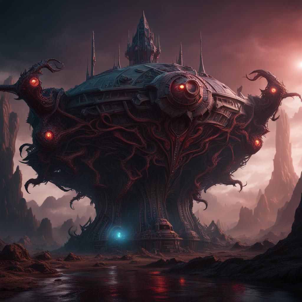 Demonic Eldritch Spaceship: Detailed Matte Painting