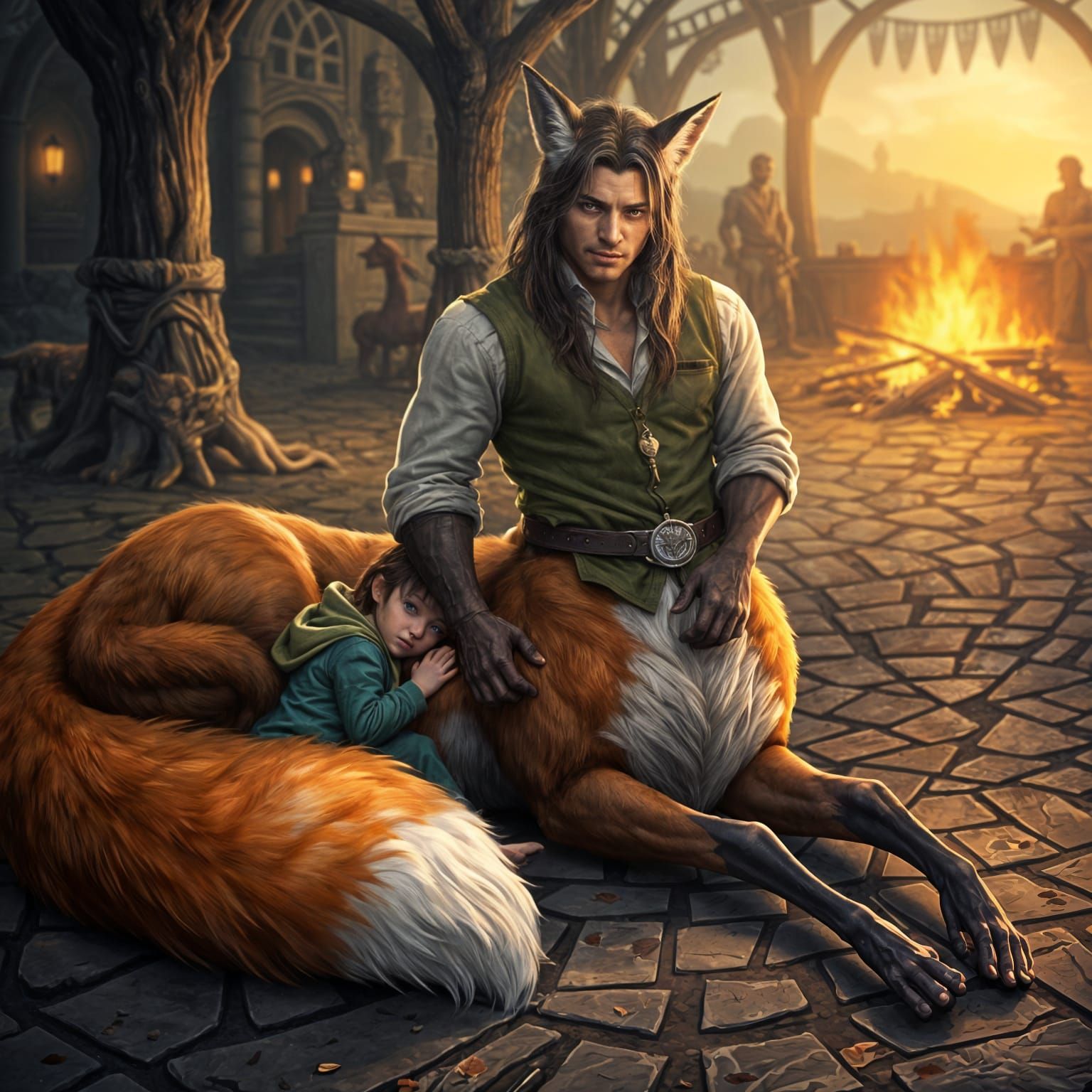 Fox Centaur Comforts Child: Fantasy Illustration