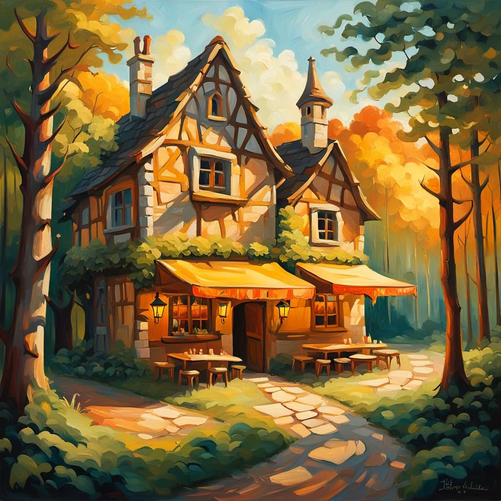Whimsical Medieval Tavern in Summer Forest, Impressionist Oi...