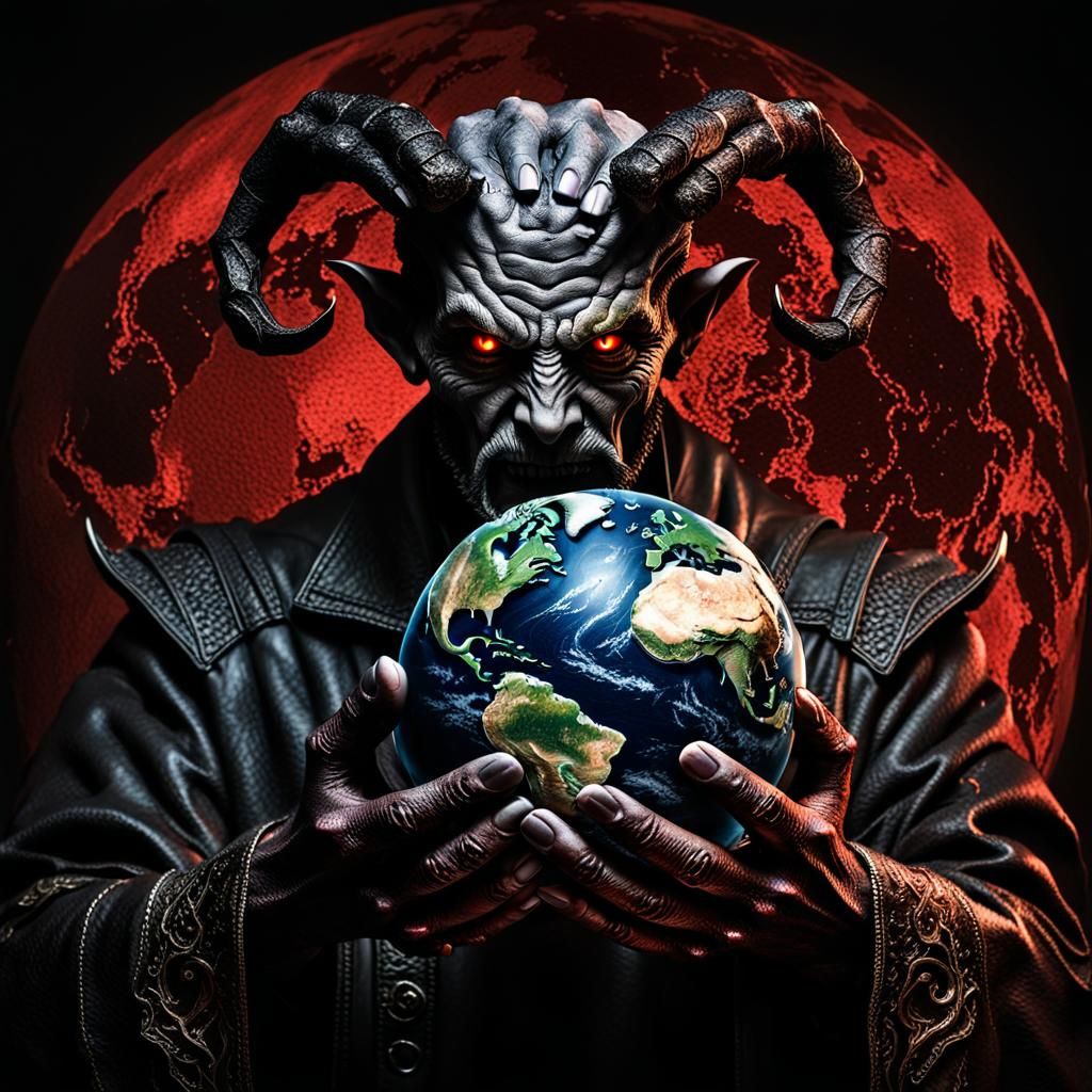 Satan Holds Earth: A Dramatic Surrealist Close-Up