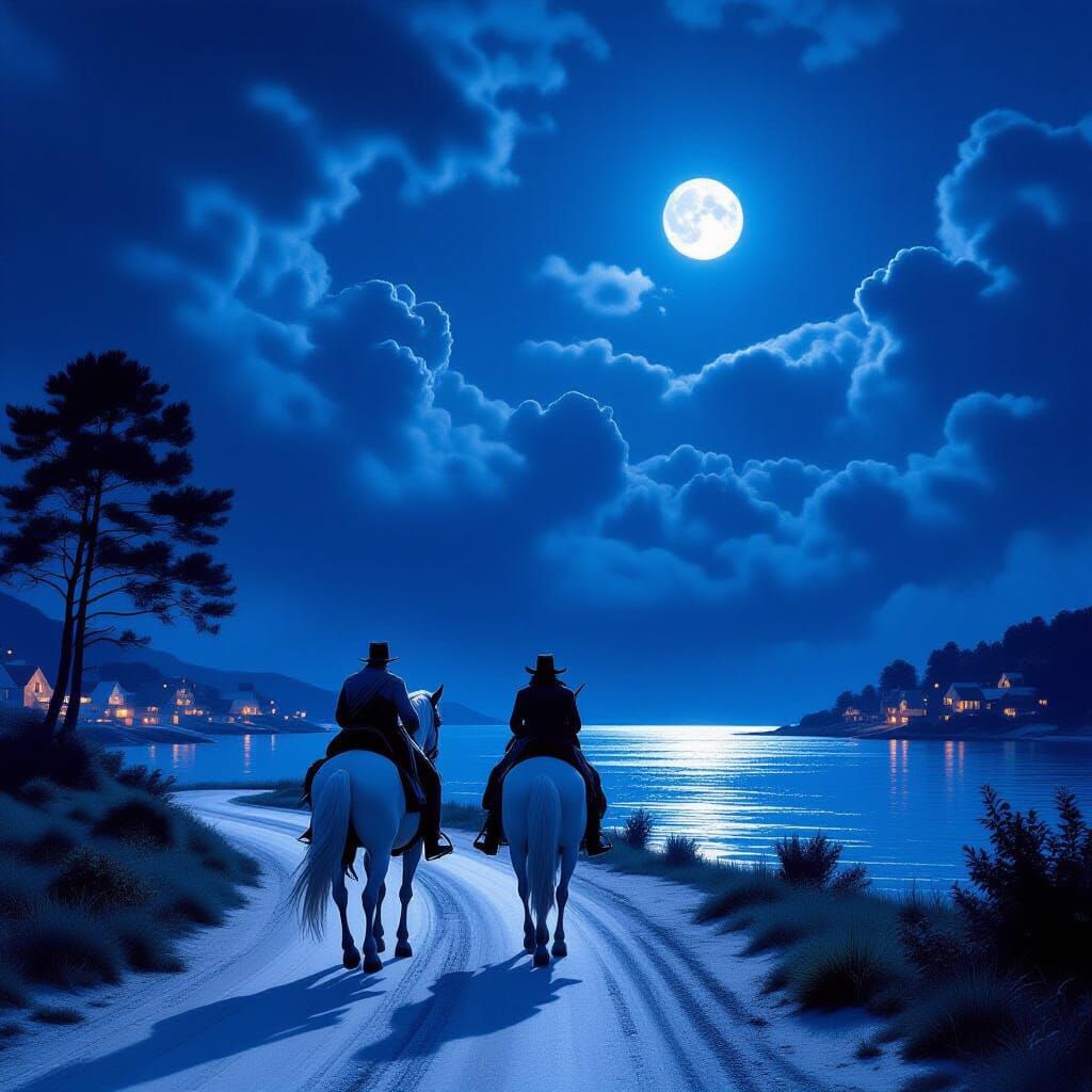 Highwayman on White Steed in Fantasy Nightscape