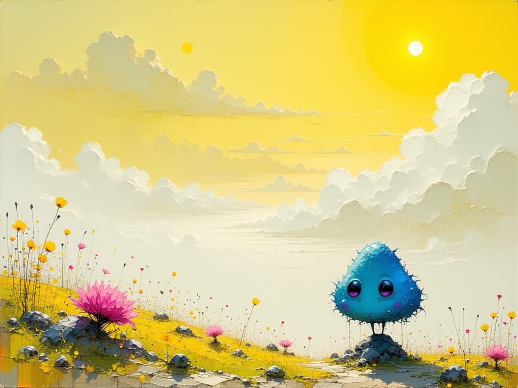 Surreal Dreamscape with Blue Creature as Oil Painting