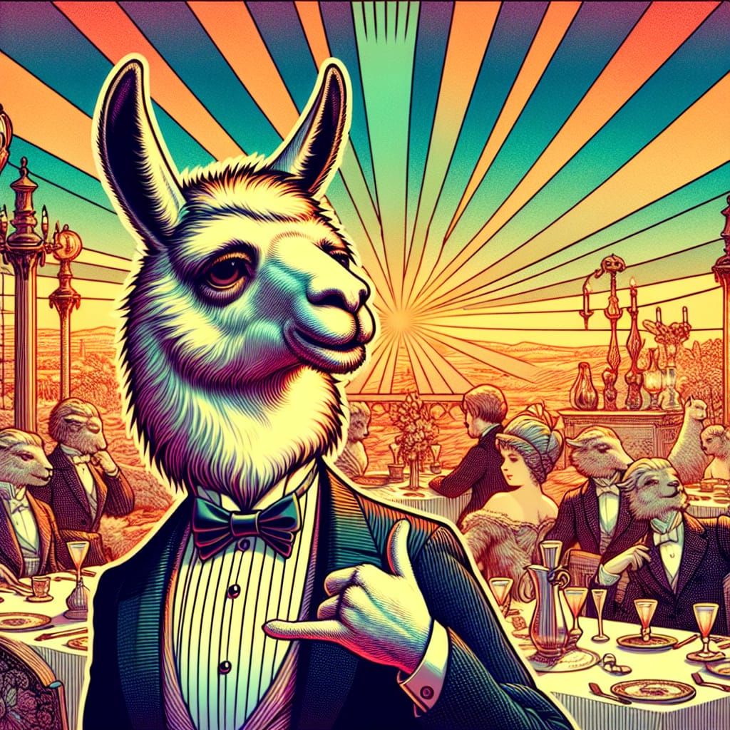 Llama in Tuxedo at Dinner Party, Digital Art