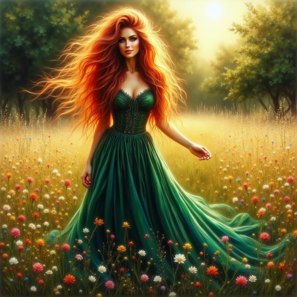 Sultry Redhead Temptress in Sun-Dappled Meadow