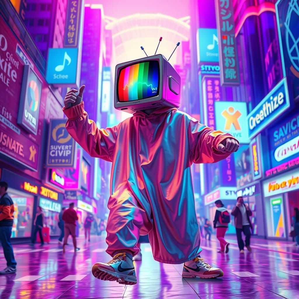 Television Head Dancer in Futuristic Cityscape