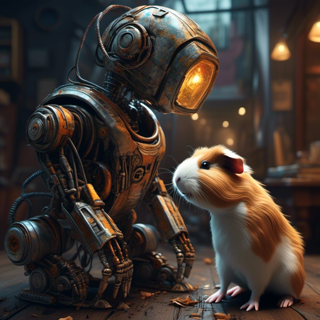 Robot Hugs Guinea Pig in Splatter Graffiti Style