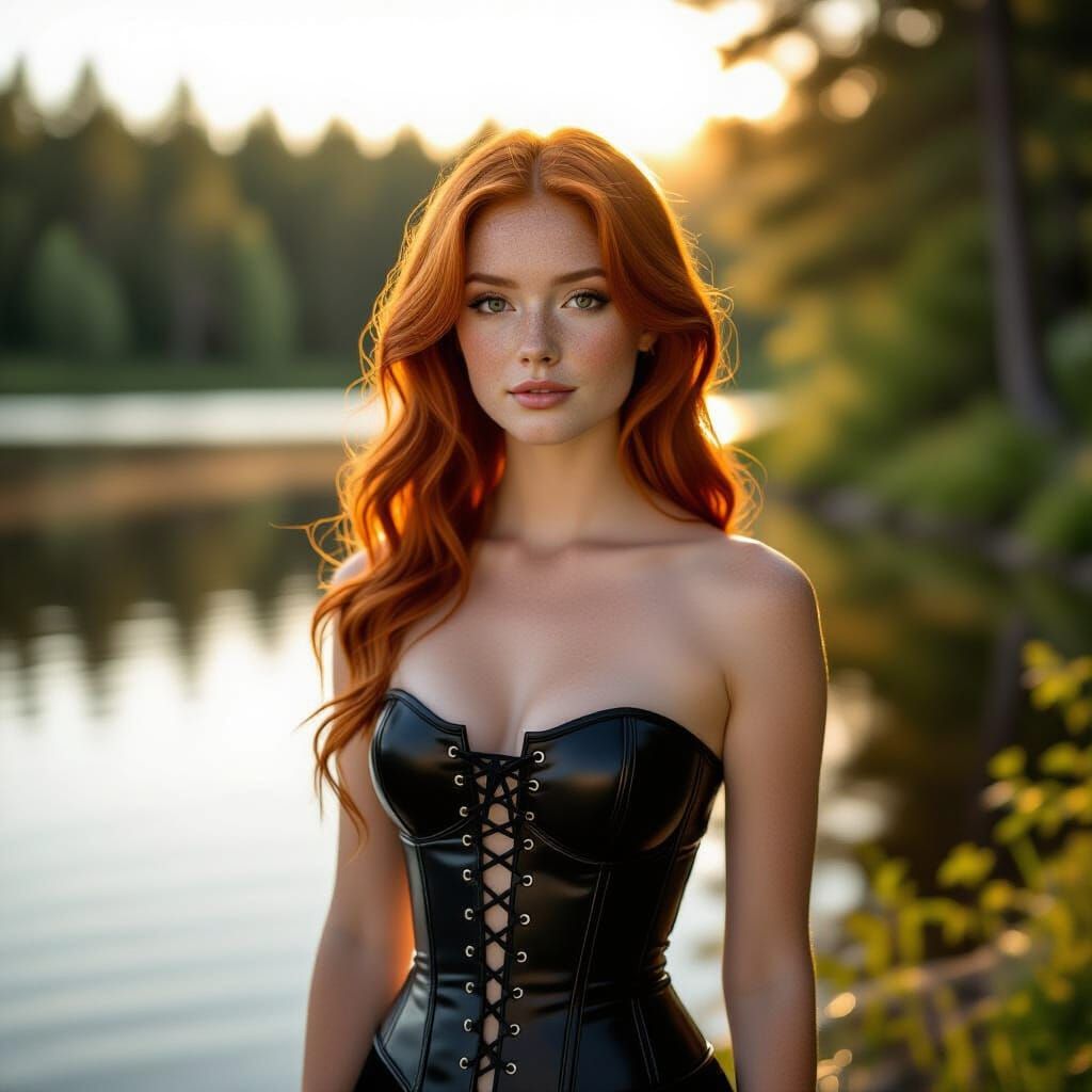 Redhead Woman in Corset Swimsuit by Forest Lake