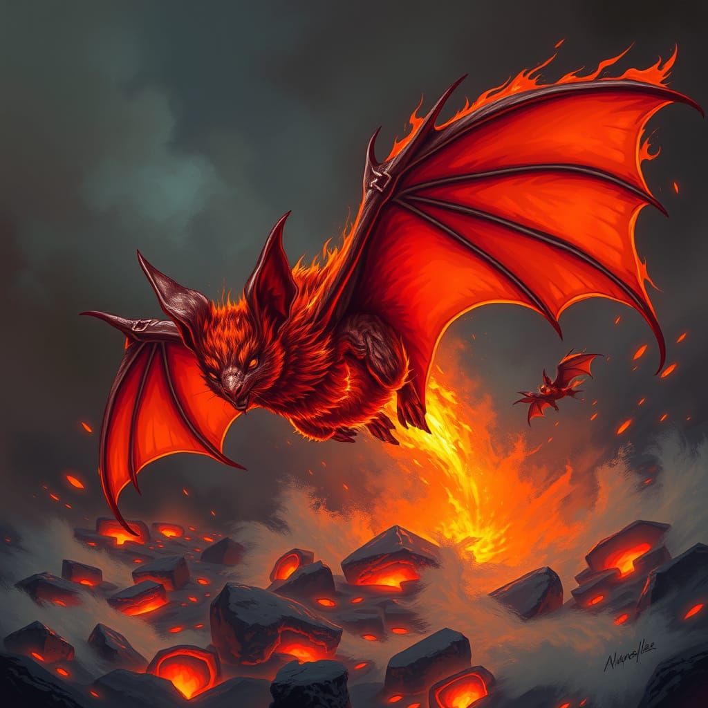 Fire Bat over Lava Sea, in a Futuristic Style