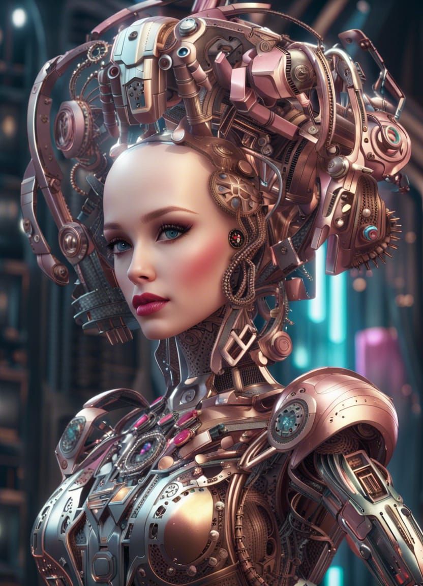 Futuristic Robot Barbie in Gown, Digital Illustration