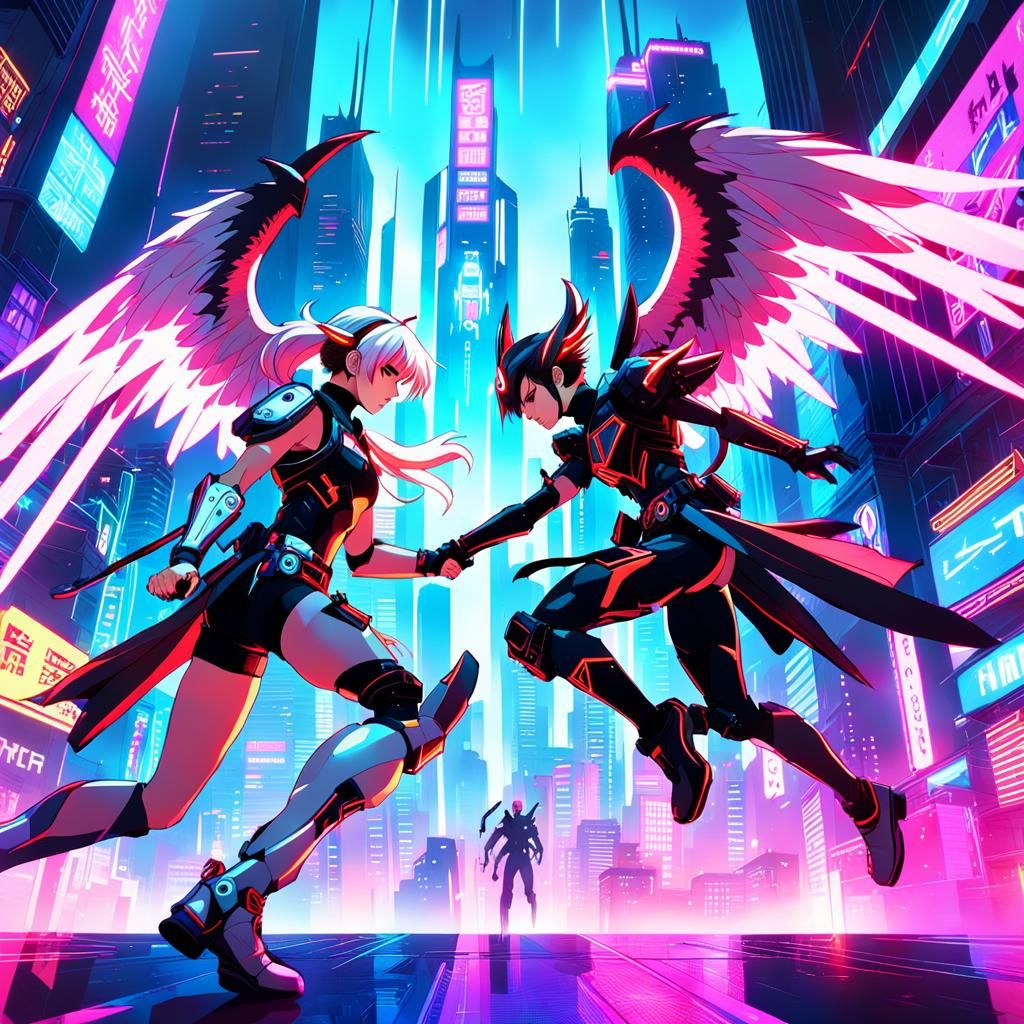 Cyberpunk Angel and Demon Clash in Anime Style