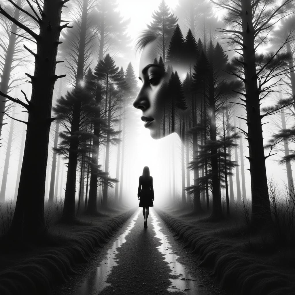 Surreal Double Exposure of Woman in Abstract Vortex