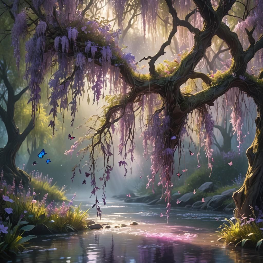 Dreamy Willow by Stream in Impressionist Style