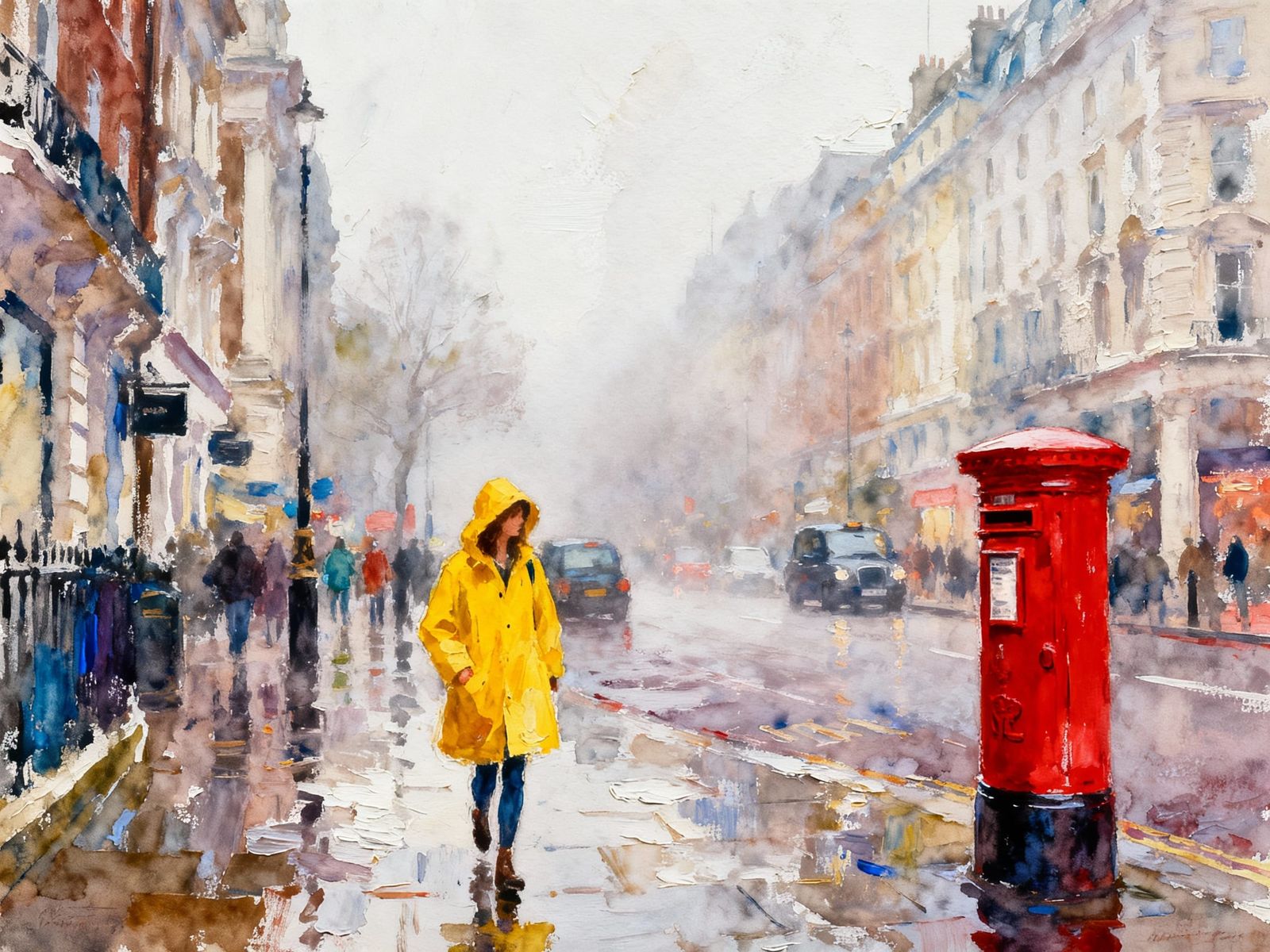 Whimsical. A bright foggy London street, indistinct but with bright pops of colour including a red postbox and a woman w...