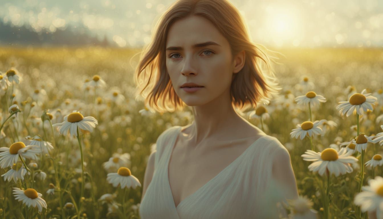 Woman in Chamomile Field: Hyperrealistic Digital Art