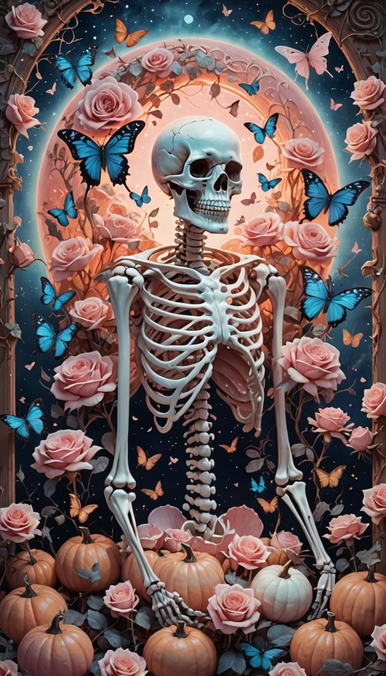 Cosmic Skeleton with Roses and Pumpkins in Astral Style