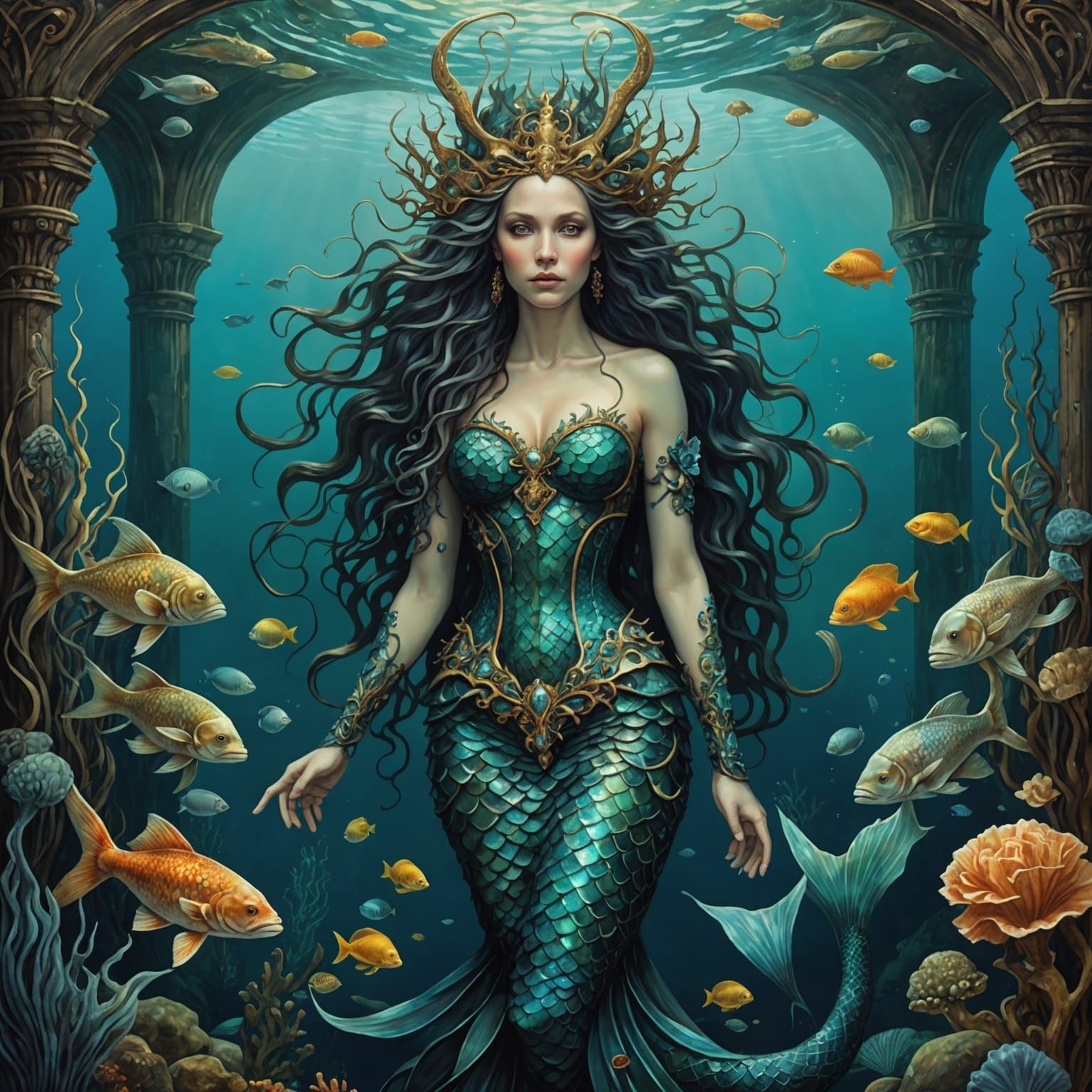 Striking Mermaid in Jan van Eyck Style