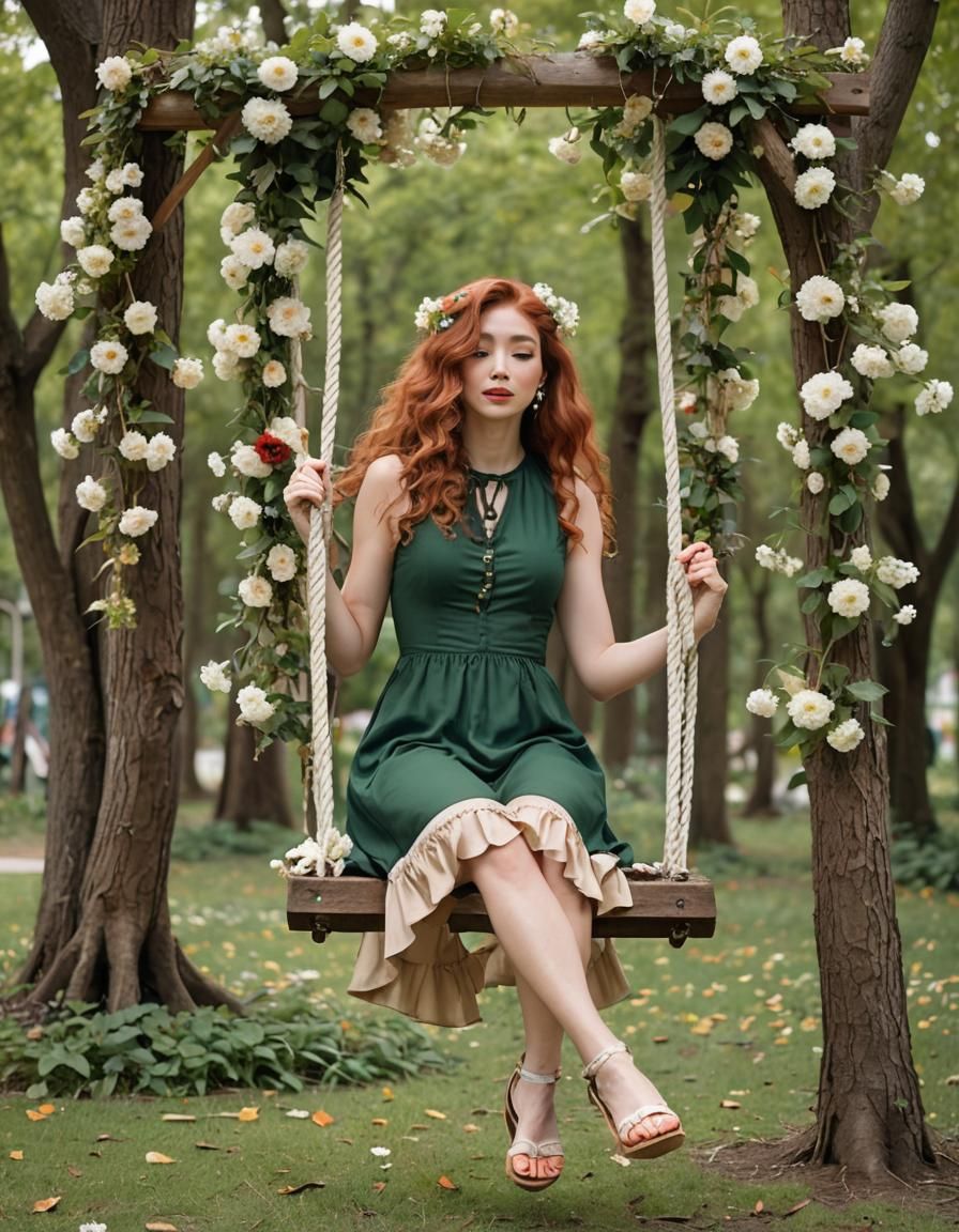 Woman on Flower Swing in Vineyard