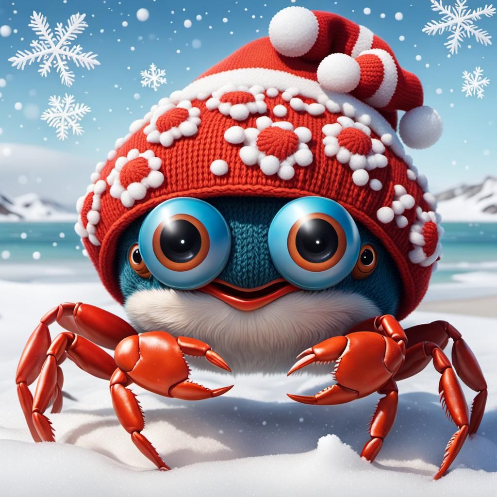 Cute Crab with Googly Eyes on Snowy Beach