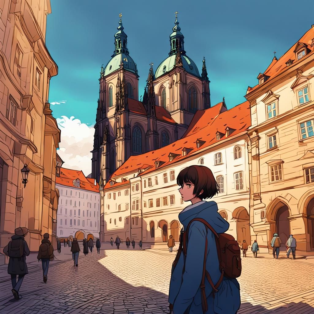Anime Girl Walks Through Prague: Digital Art