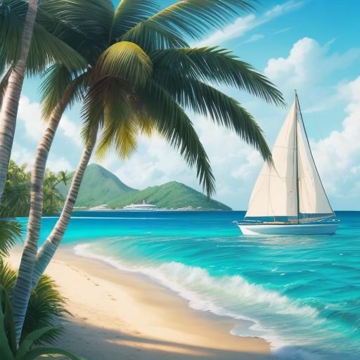 Tropical Seascape: Sailboat at Golden Hour