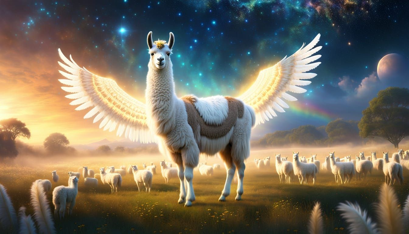 Majestic Llama with Feathered Wings in Celestial Meadow