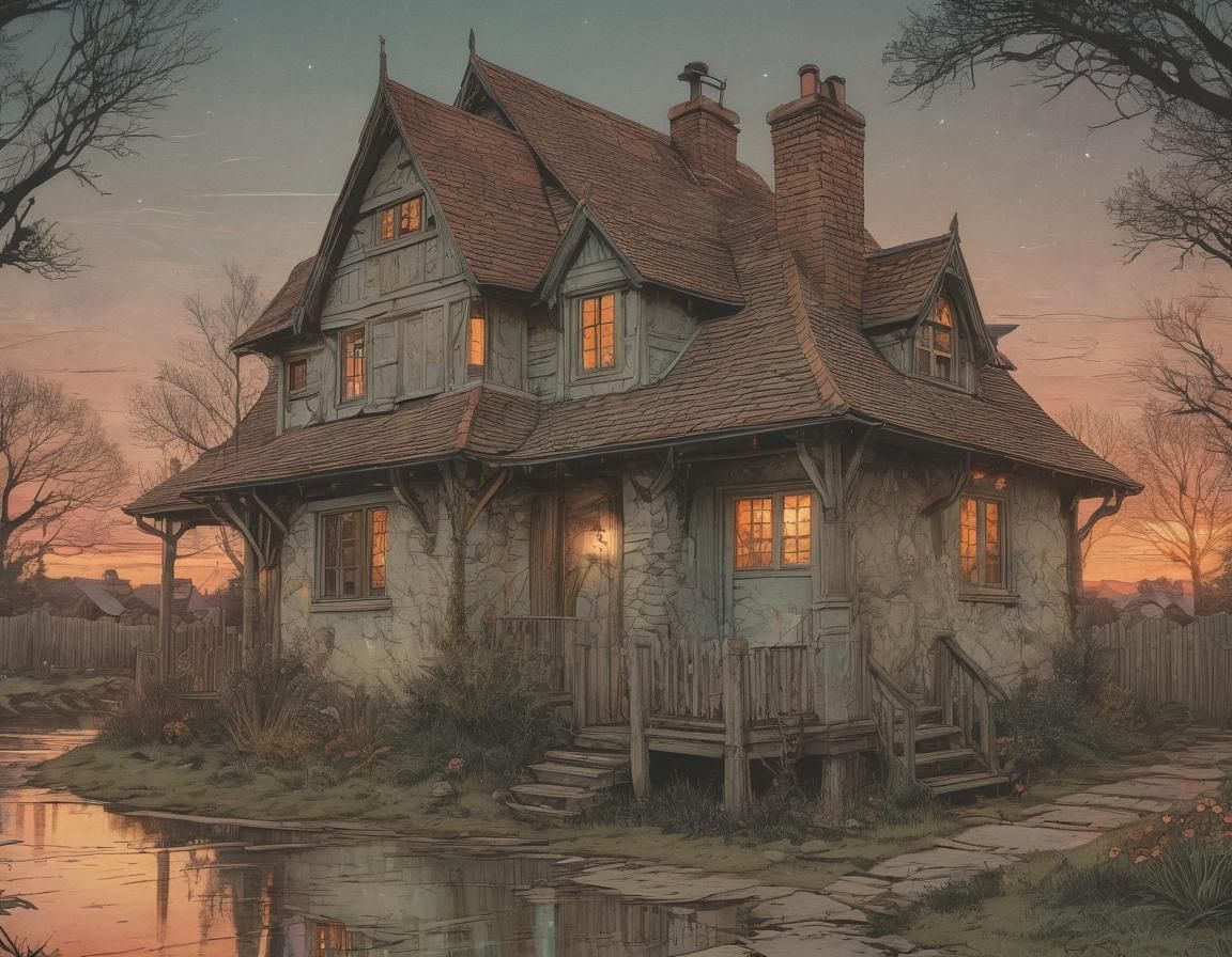 Vintage Cottage at Dusk in Retro D&D Style