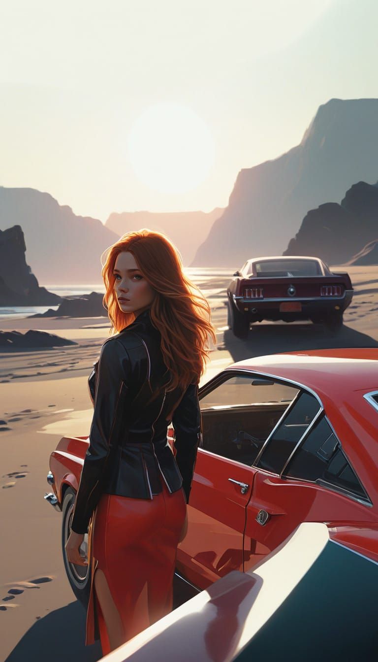 Sleek Cherry-Red Mustang on a Tropical Beach with a Beautifu...