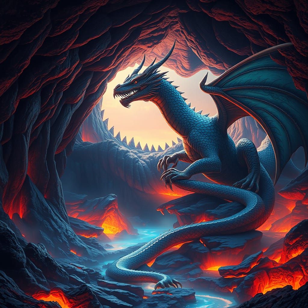 Epic Dragon Dominates Lava Cave in Vibrant, Detailed Art