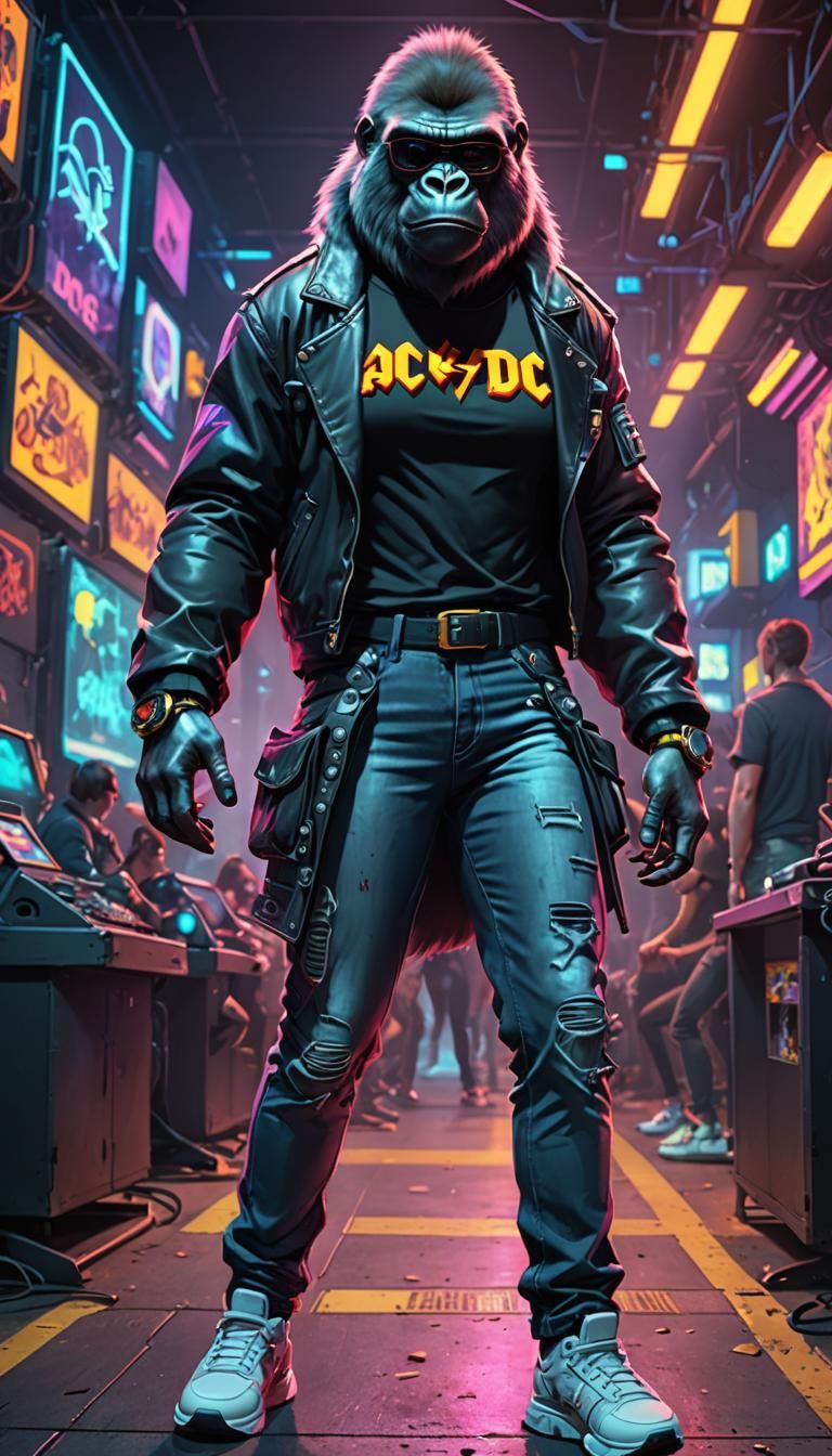 A Gorilla with a "AC/DC" concert t-shirt, futuristic neon
background
