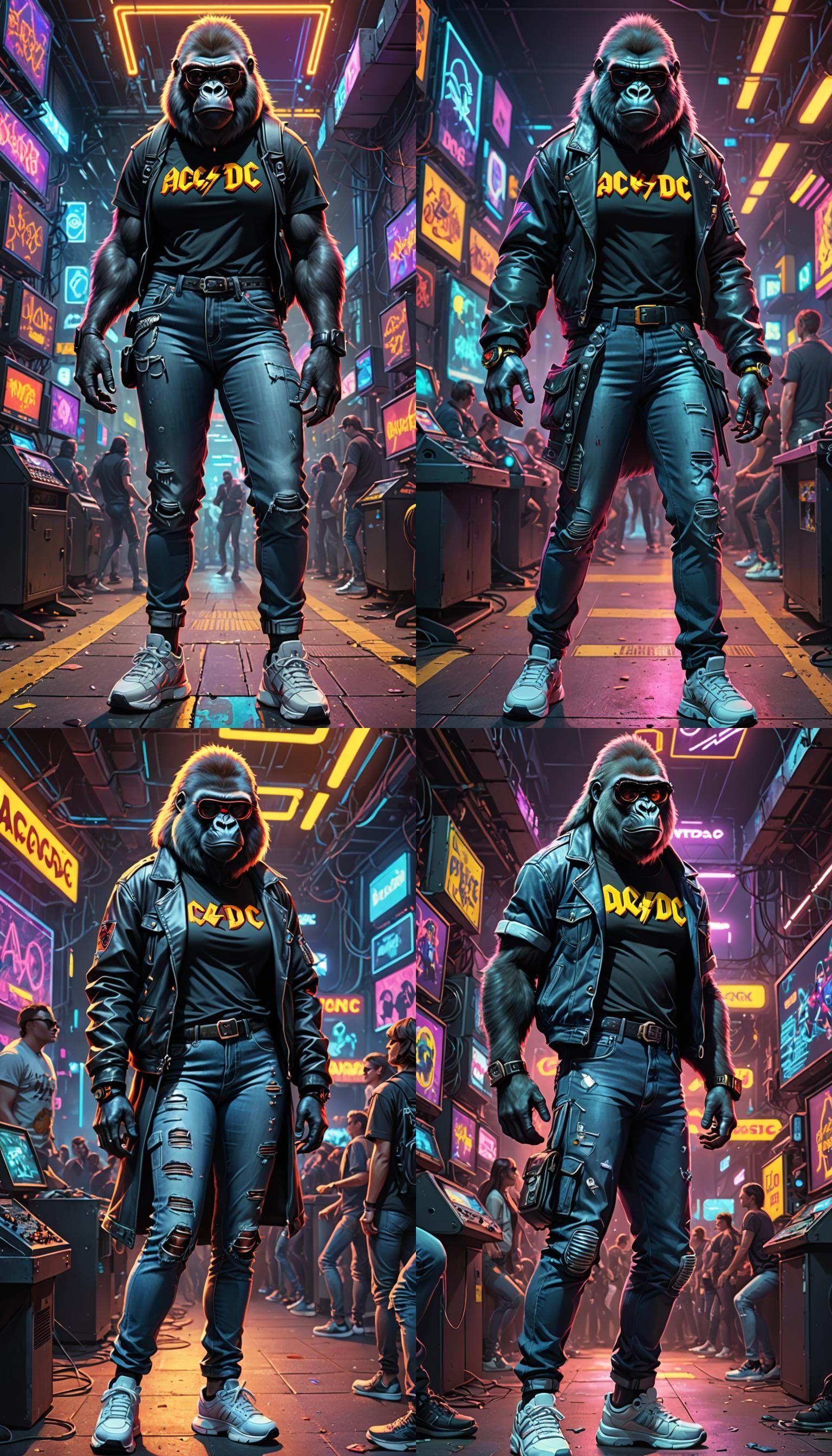 A  Gorilla with a "AC/DC" concert t-shirt, futuristic neon 
 background