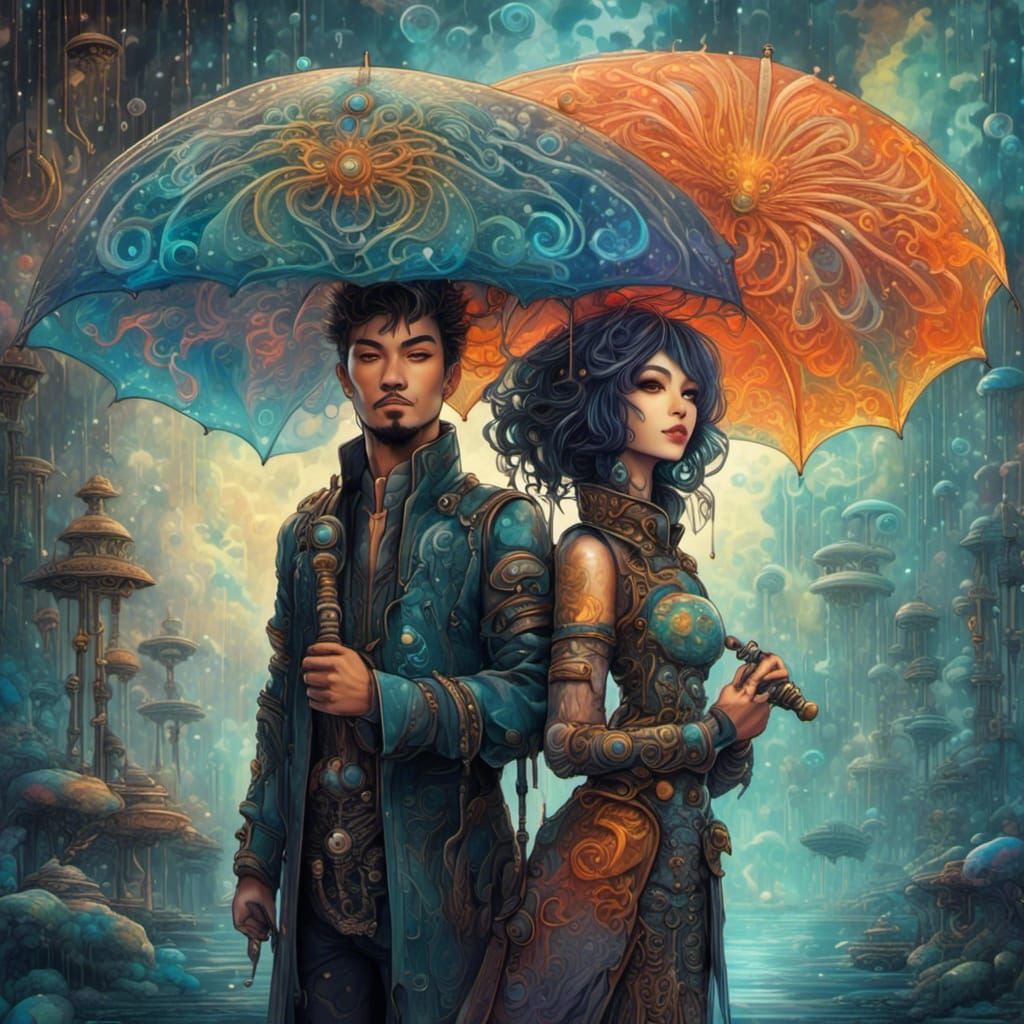 Cyborg Couple with Jelly Umbrellas