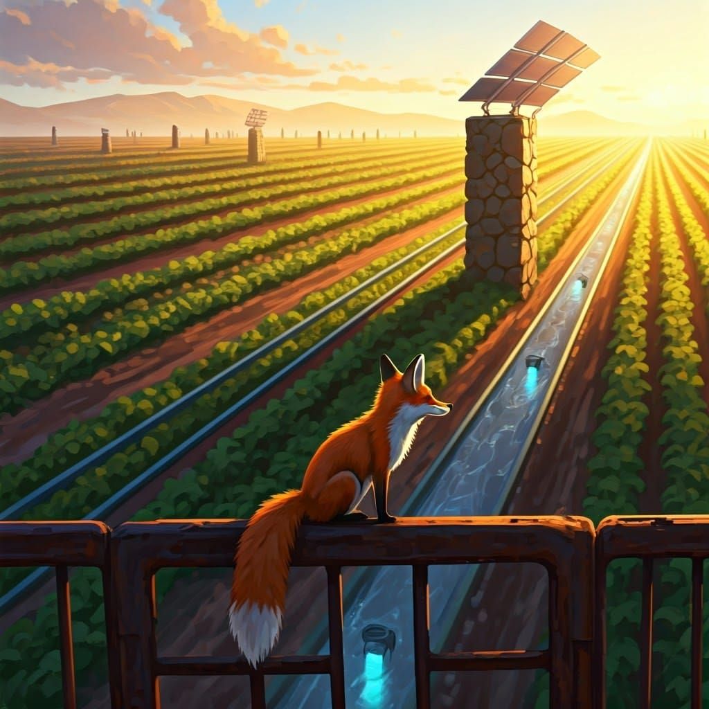 Surreal Farm Landscape with Fox Perched on Weathered Steel F...