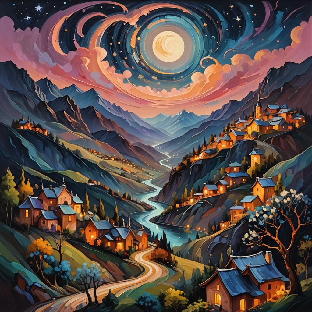 Surreal Mountain Village Under Starry Sky