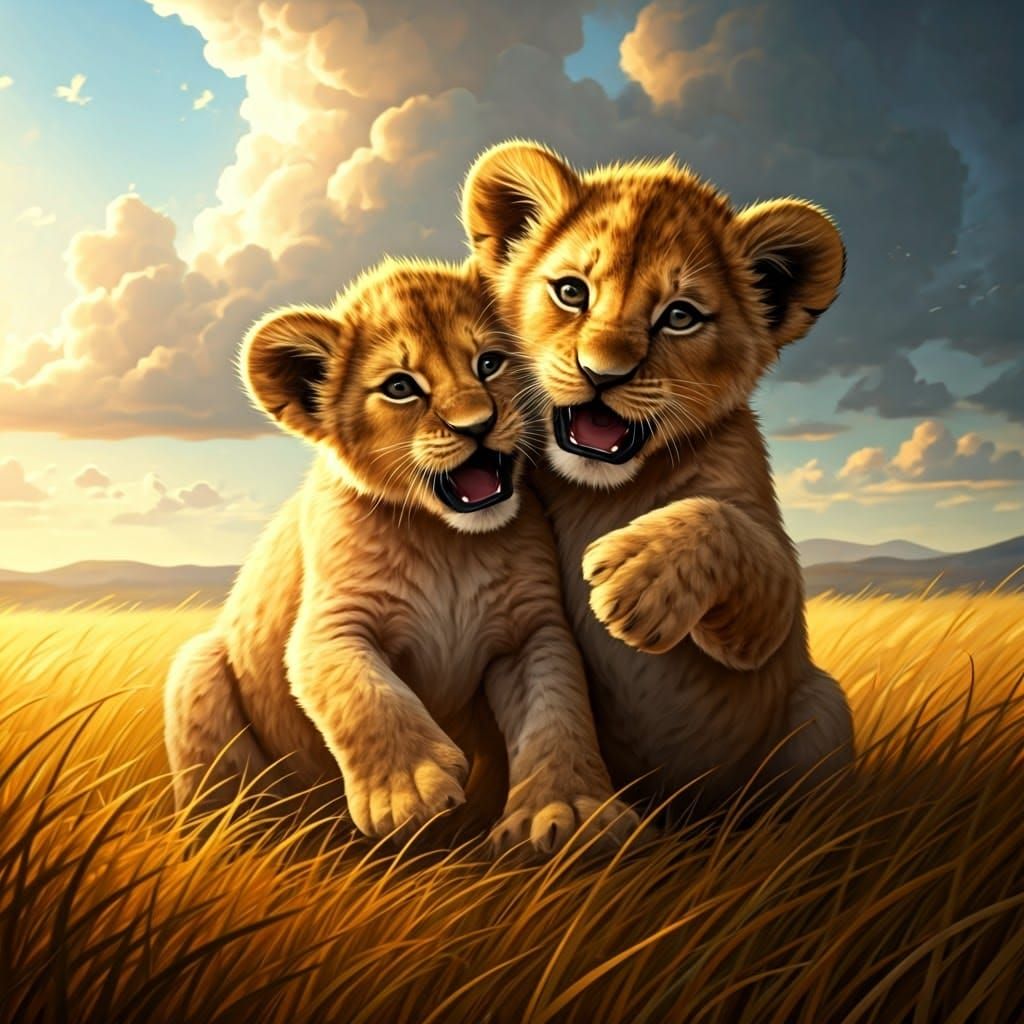 Playful Lion Cubs Fight in Golden Field