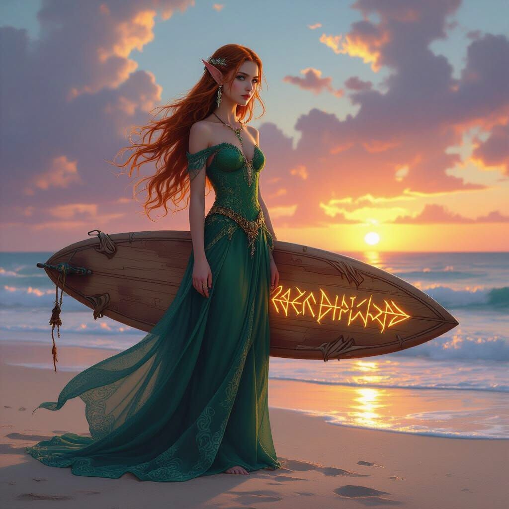 Oil painting. A serene elven girl with long flowing hair, we...