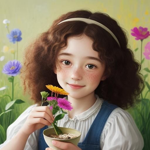 Whimsical Girl Portrait in Gouache Style