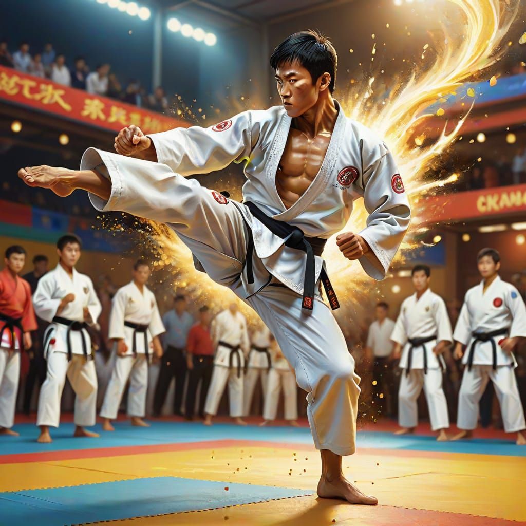 Martial Artist Flying Kick in Vibrant Oil Painting Style