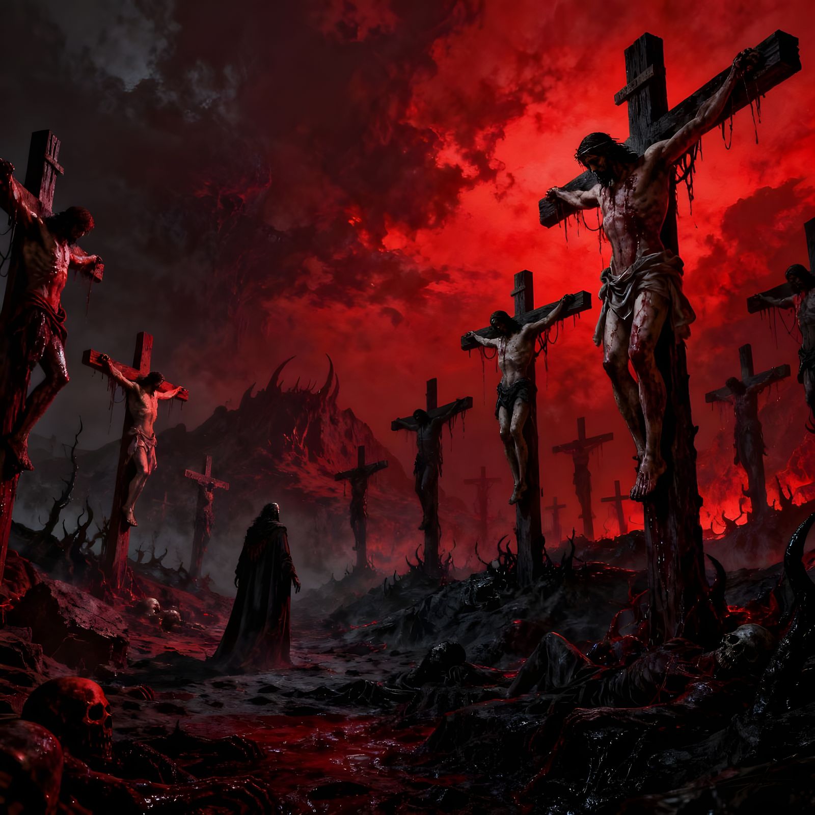 Hellish Crucifixion Landscape in Dark Horror Style