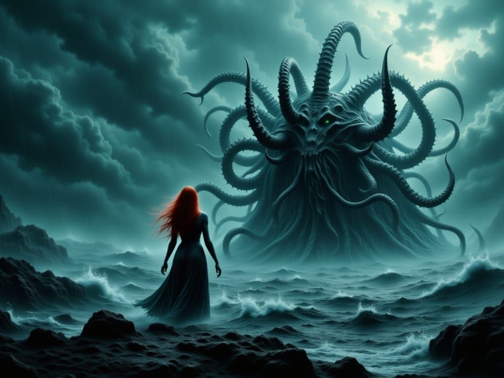 Pirate vs. Cthulhu in Stormy Ocean Scene