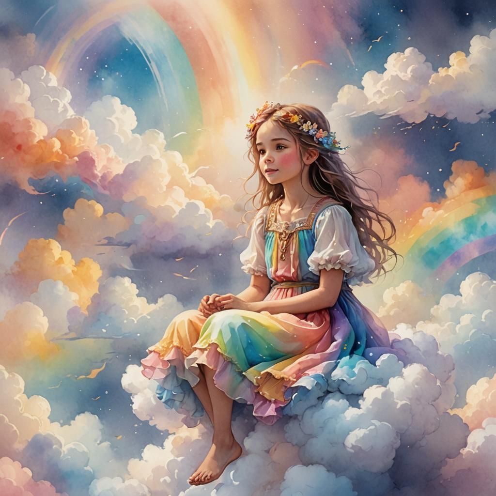 Whimsical Girl Ascends to Rainbows: Watercolor Concept Art