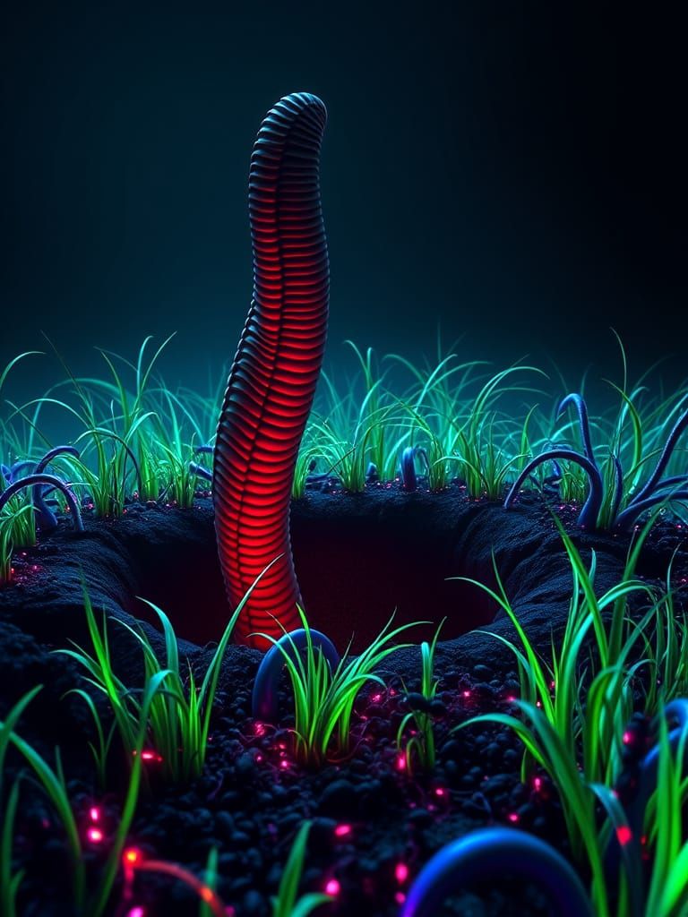 Giant Worms Emerge in Bioluminescent Landscape