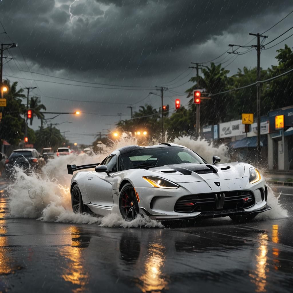White and Black Viper Sports Car Drifting in Storm