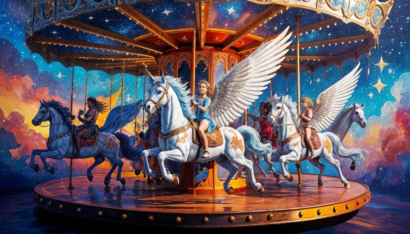 Celestial Carousel with Star Children and Winged Horses