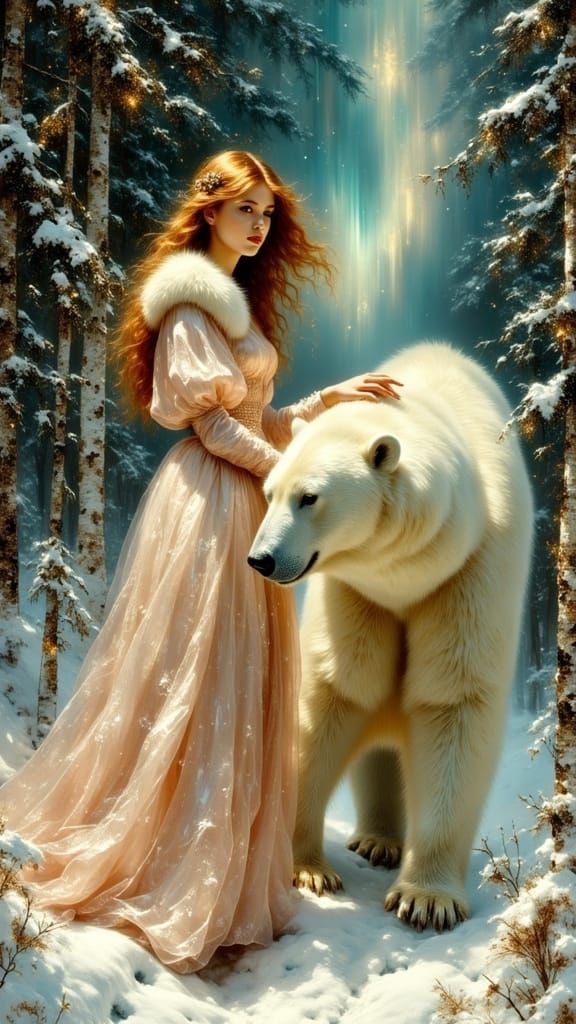Ethereal Woman with Polar Bear in Pre-Raphaelite Style
