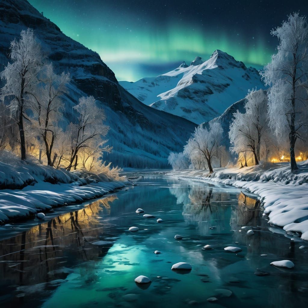 Serene Winter Landscape with Moonlit River and Starry Sky