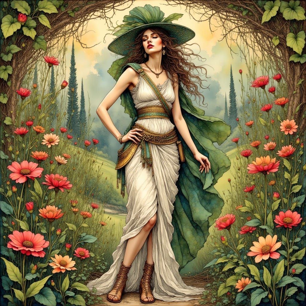 Art Nouveau Woman Warrior in Garden