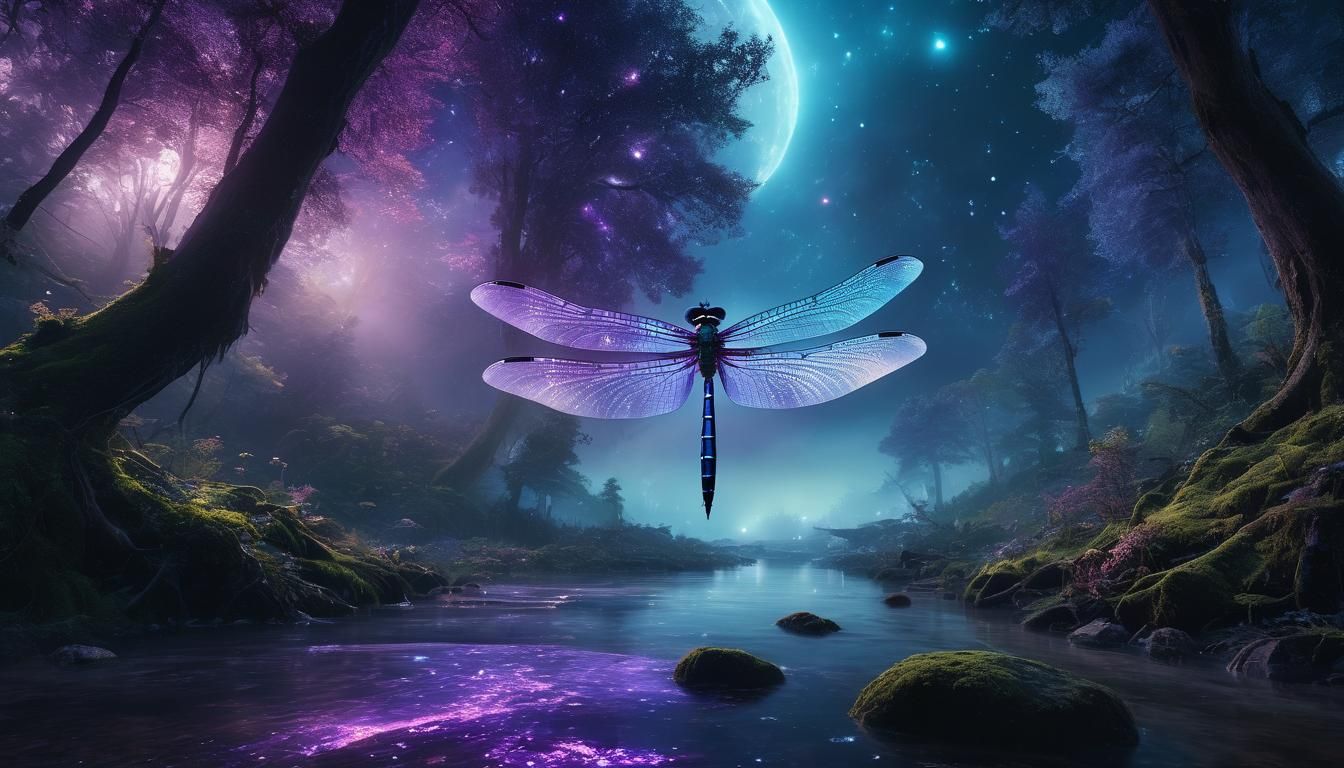 Translucent Dragonfly in Mystical Forest: Digital Matte Pain...