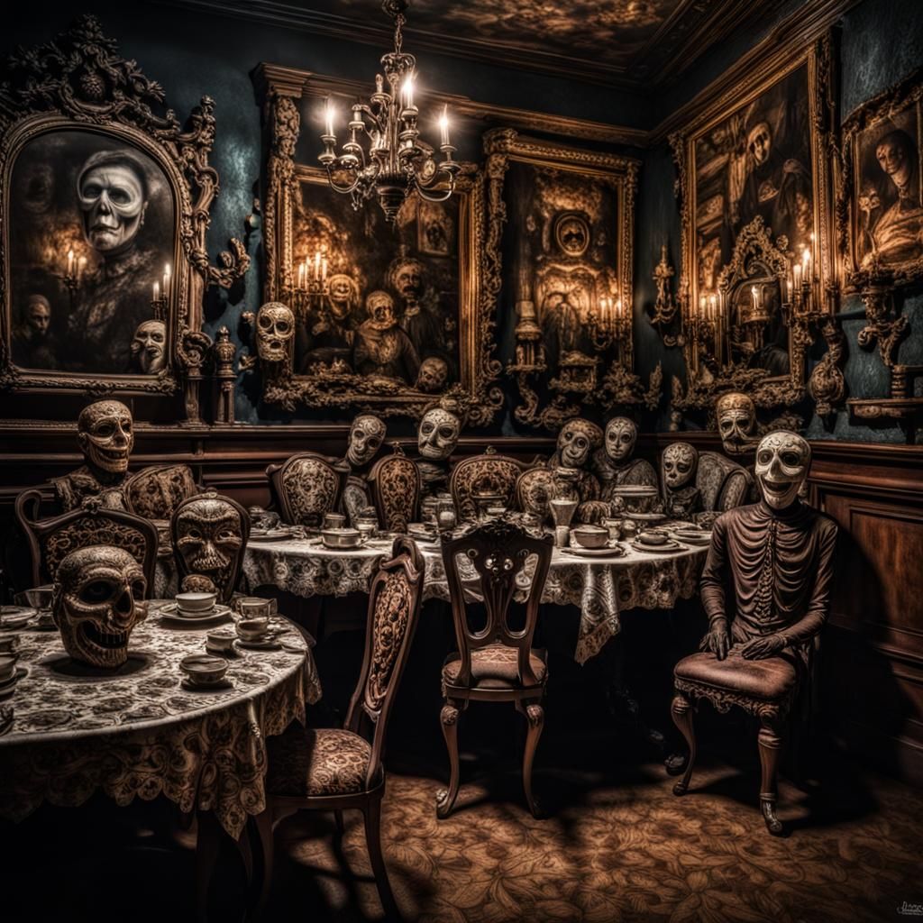 Banquete de gusanos, muchas gente creepy vestida en látex con máscaras muy raras, época victoriana