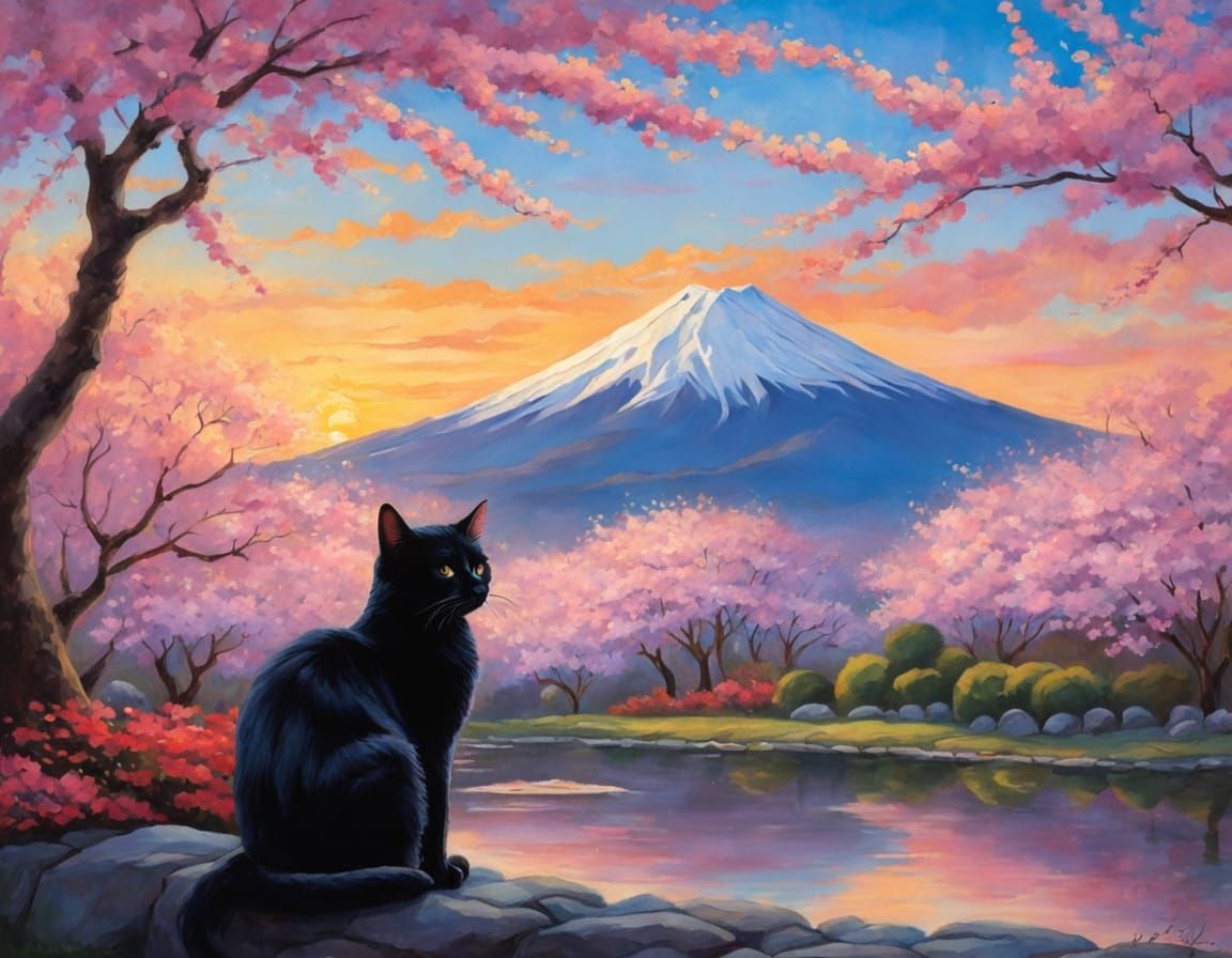 Serene Japanese Landscape with Black Cat and Cherry Blossoms